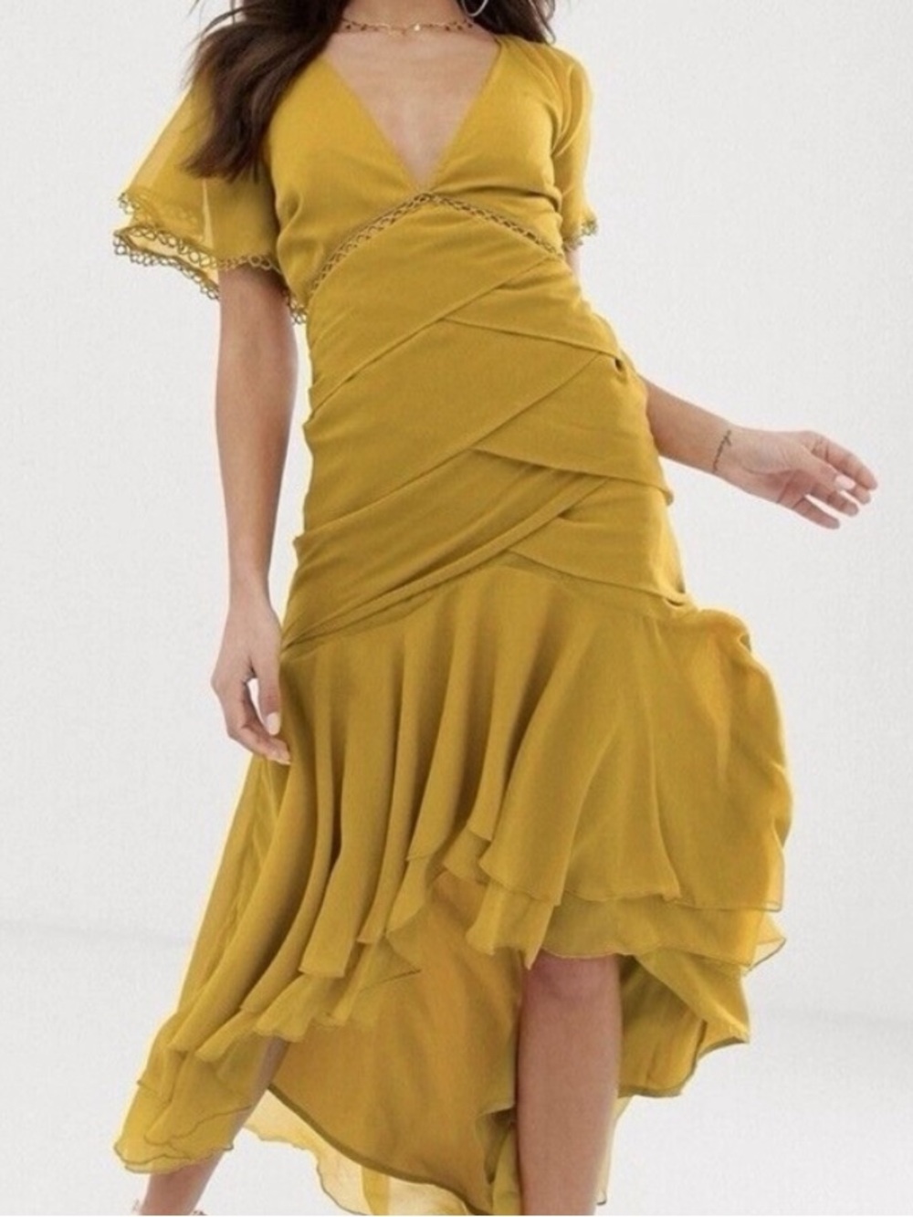 NWT Asos mustard yellow long maxi flowy gown dress layered size 2